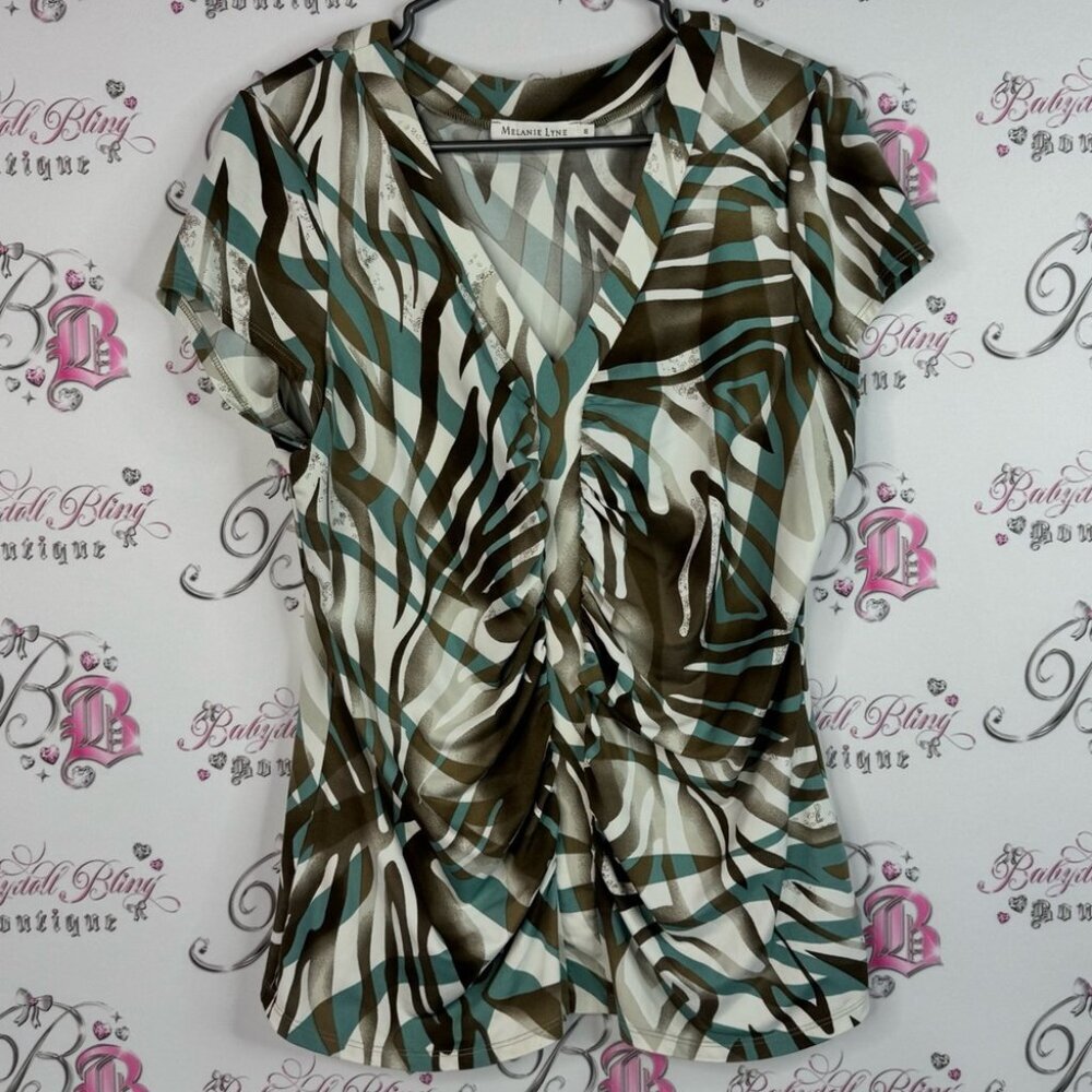 Melanie Lyne tshirt swirls swoop neck Elegant Zebra Print V-Neck Blouse